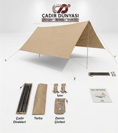 Çadır Dünyası Profesyonel Kamp Tentesi (Tarp) - 330x330 cm, 8mm Demir Kazık ve Komple Aksesuar Seti