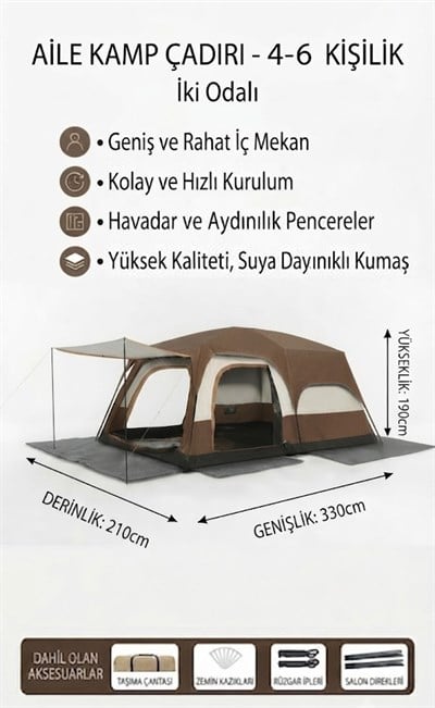 Çadır Dünyası Small Model 2 Odalı Kamp Çadırı - 330x210 cm Geniş Aile Çadırı, 190 cm Yüksek Tavanlı, 5 Dakikada Pratik Manuel Kurulum