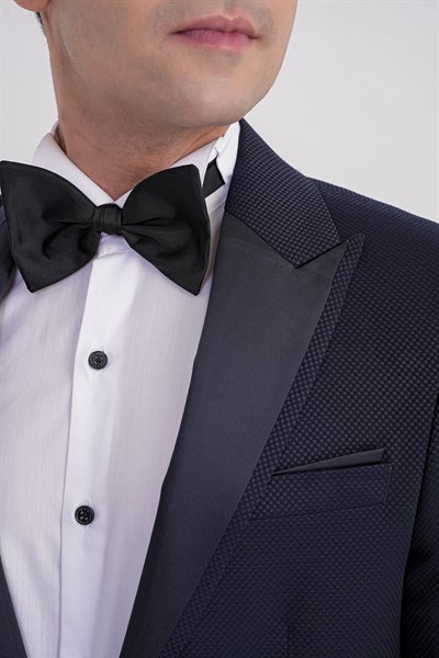  Slim Fit Saten Yaka Çift Yırtmaçlı Tek Düğmeli Lacivert Damatlık Smokin Ceket Black 035