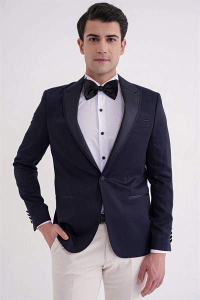  Slim Fit Saten Yaka Çift Yırtmaçlı Tek Düğmeli Lacivert Damatlık Smokin Ceket Black 035