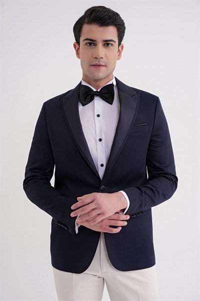  Slim Fit Saten Yaka Çift Yırtmaçlı Tek Düğmeli Lacivert Damatlık Smokin Ceket Black 035