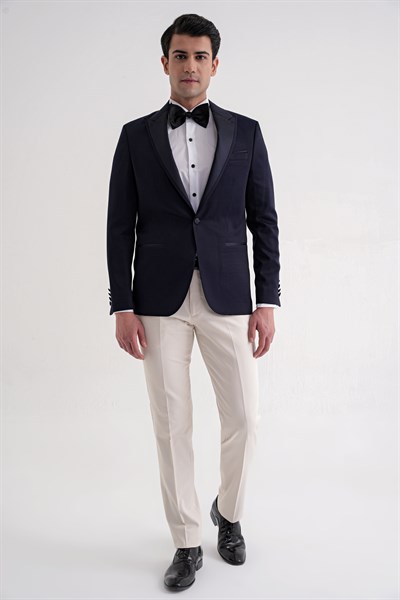  Slim Fit Saten Yaka Çift Yırtmaçlı Tek Düğmeli Lacivert Damatlık Smokin Ceket Black 035