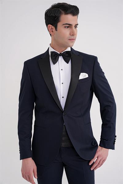 Slim Fit Fleto Cep Çıkarılabilir Saten Yaka Düz Lacivert Damatlık Smokin Takım Altro 032