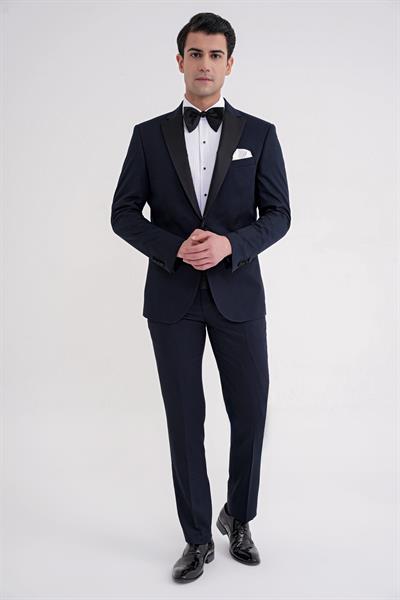 Slim Fit Fleto Cep Çıkarılabilir Saten Yaka Düz Lacivert Damatlık Smokin Takım Altro 032