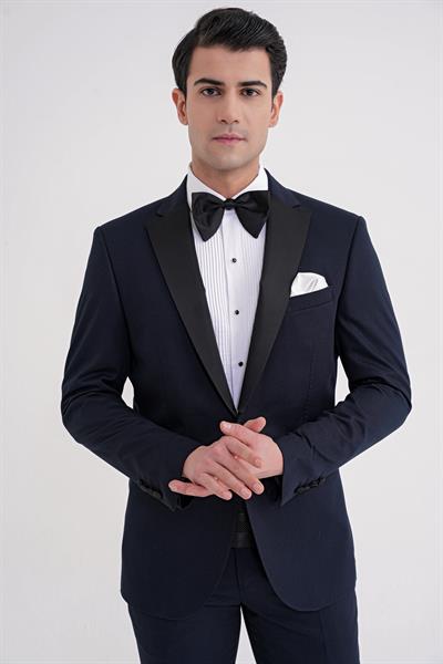 Slim Fit Fleto Cep Çıkarılabilir Saten Yaka Düz Lacivert Damatlık Smokin Takım Altro 032