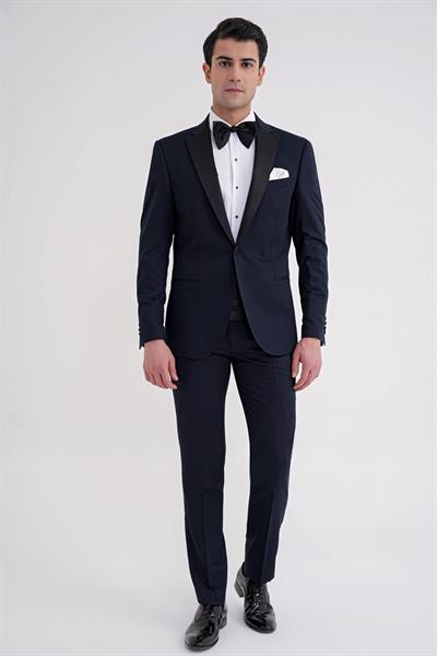 Slim Fit Fleto Cep Çıkarılabilir Saten Yaka Düz Lacivert Damatlık Smokin Takım Altro 032