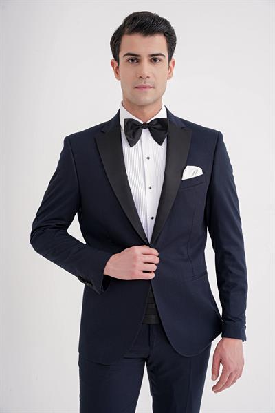 Slim Fit Fleto Cep Çıkarılabilir Saten Yaka Düz Lacivert Damatlık Smokin Takım Altro 032