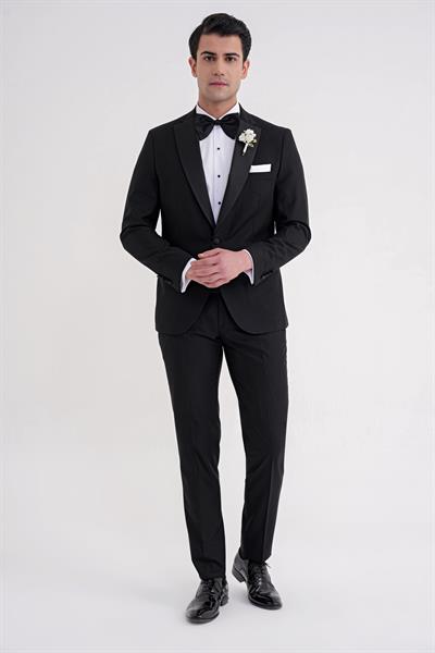 Slim Fit Fleto Cep Çıkarılabilir Saten Yaka Düz Siyah Damatlık Smokin Takım Altro 032