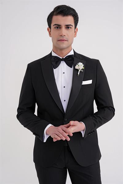 Slim Fit Fleto Cep Çıkarılabilir Saten Yaka Düz Siyah Damatlık Smokin Takım Altro 032