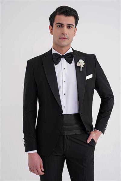 Slim Fit Fleto Cep Çıkarılabilir Saten Yaka Düz Siyah Damatlık Smokin Takım Altro 032
