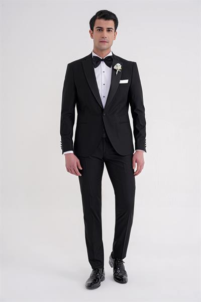 Slim Fit Fleto Cep Çıkarılabilir Saten Yaka Düz Siyah Damatlık Smokin Takım Altro 032