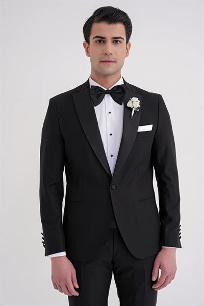 Slim Fit Fleto Cep Çıkarılabilir Saten Yaka Düz Siyah Damatlık Smokin Takım Altro 032