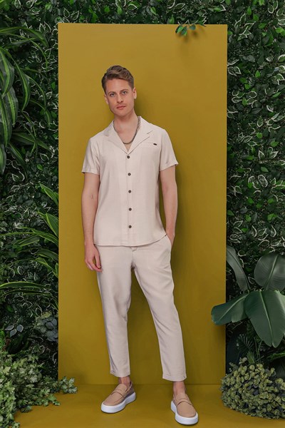 Slim Fit Yan Cepli Beli İpli Keten Bej Jogger Pantolon ATP 031