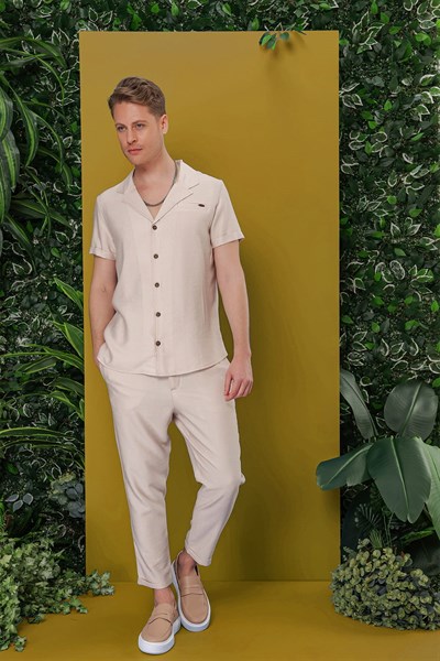 Slim Fit Yan Cepli Beli İpli Keten Bej Jogger Pantolon ATP 031
