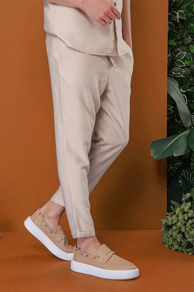Slim Fit Yan Cepli Beli İpli Keten Bej Jogger Pantolon ATP 031