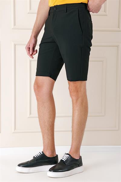 Bermuda 034 Slim Fit Beli Lastikli Gofre Pamuklu Casual Siyah Şort
