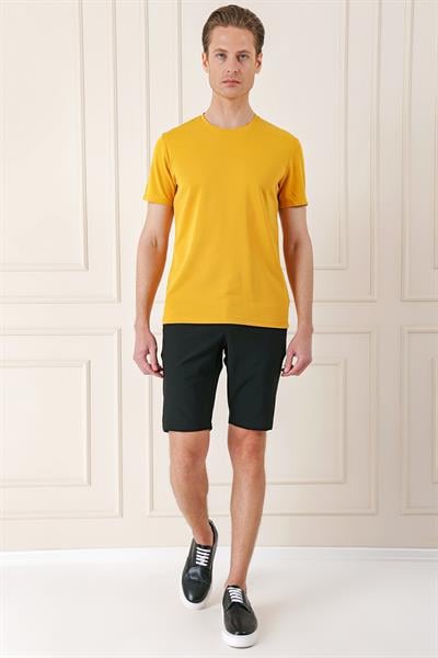 Bermuda 034 Slim Fit Beli Lastikli Gofre Pamuklu Casual Siyah Şort