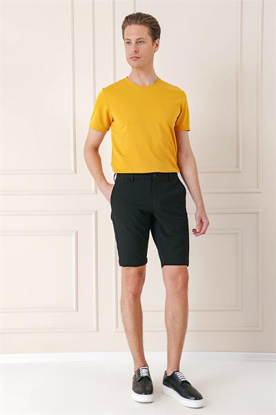 Bermuda 034 Slim Fit Beli Lastikli Gofre Pamuklu Casual Siyah Şort