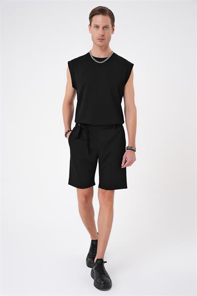 Bermuda 035 Comfort Fit Bağcıklı Bel Viskon Karışımlı Casual Siyah Şort
