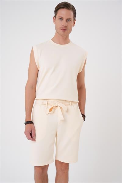 Bermuda 035 Comfort Fit Bağcıklı Bel Viskon Karışımlı Casual Bej Şort