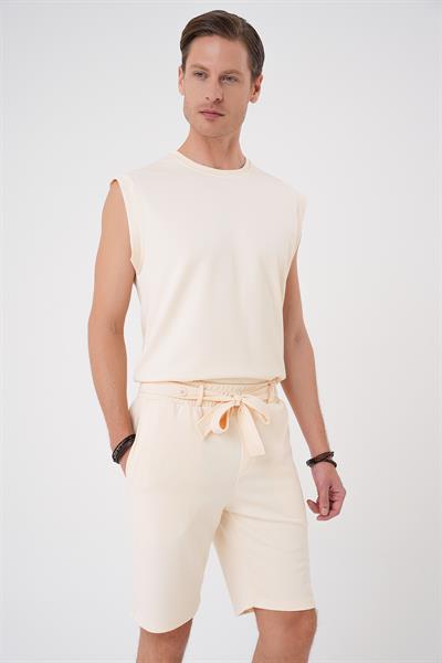Bermuda 035 Comfort Fit Bağcıklı Bel Viskon Karışımlı Casual Bej Şort