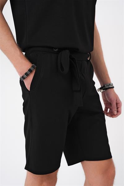 Bermuda 035 Comfort Fit Bağcıklı Bel Viskon Karışımlı Casual Siyah Şort