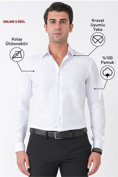 Beyaz %100 Pamuklu Nefes Alabilir Kolay Ütülenebilir Uzun Kollu Slim Fit Gömlek GK 766