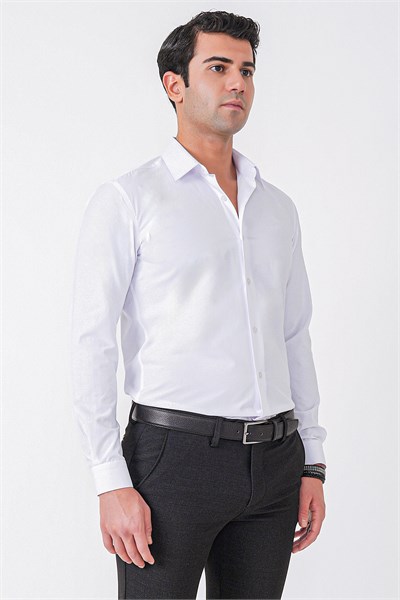 Beyaz %100 Pamuklu Nefes Alabilir Kolay Ütülenebilir Uzun Kollu Slim Fit Gömlek GK 766