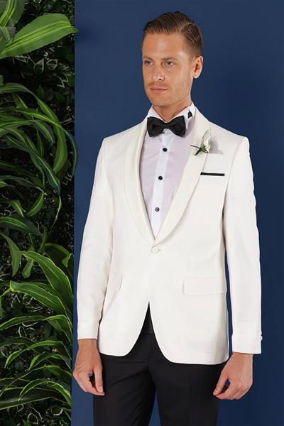 Black 034 Slim Fit Saten Yaka Çift Yırtmaçlı Damatlık Ekru Smokin Ceket