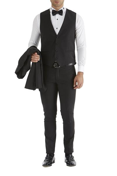 Slim Fit Çıkarılabilir Saten Yaka Yelekli Siyah Damatlık Smokin Takım Black 034