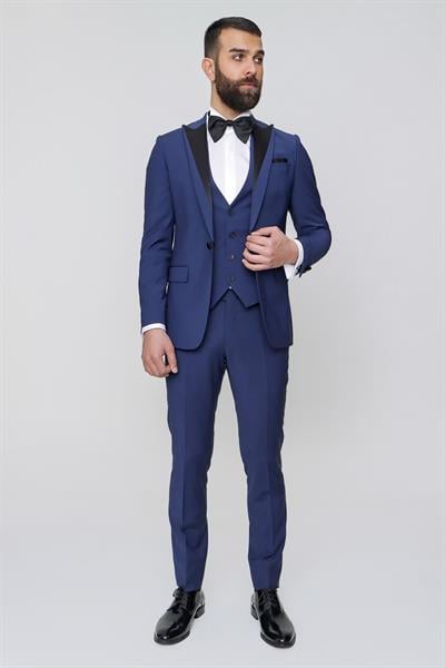 Slim Fit Çıkarılabilir Saten Yaka Yelekli Parlement Damatlık Smokin Takım Black 034