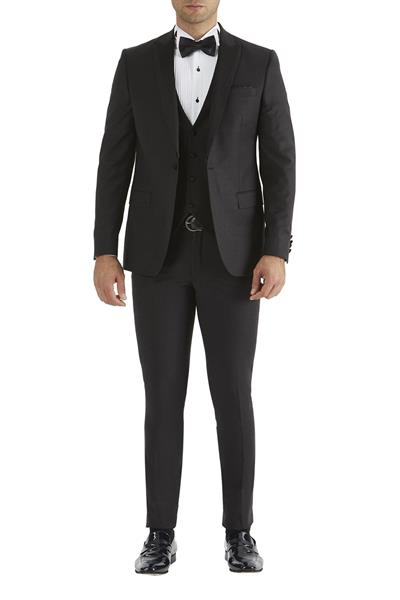 Slim Fit Çıkarılabilir Saten Yaka Yelekli Siyah Damatlık Smokin Takım Black 034