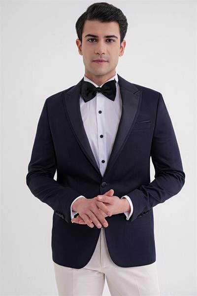 Black 035 Slim Fit Saten Yaka Çift Yırtmaçlı Tek Düğmeli Lacivert Damatlık Smokin Ceket