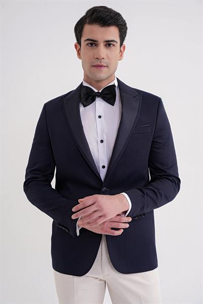 Black 035 Slim Fit Saten Yaka Çift Yırtmaçlı Tek Düğmeli Lacivert Damatlık Smokin Ceket