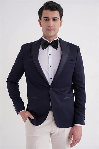 Black 035 Slim Fit Saten Yaka Çift Yırtmaçlı Tek Düğmeli Lacivert Damatlık Smokin Ceket