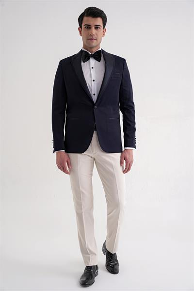 Black 035 Slim Fit Saten Yaka Çift Yırtmaçlı Tek Düğmeli Lacivert Damatlık Smokin Ceket