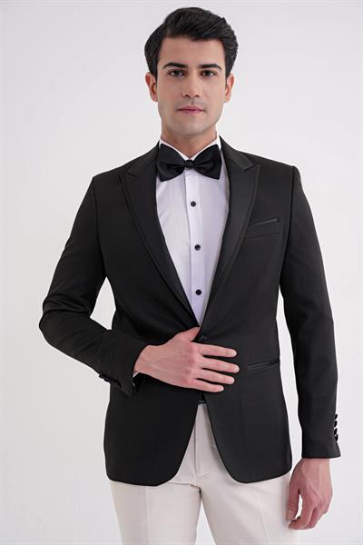 Black 035 Slim Fit Saten Yaka Çift Yırtmaçlı Tek Düğmeli Siyah Damatlık Smokin Ceket