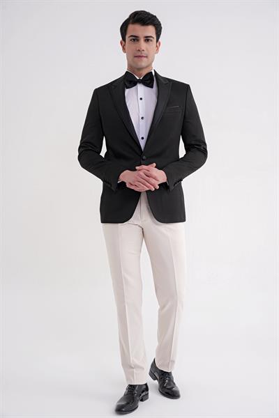 Black 035 Slim Fit Saten Yaka Çift Yırtmaçlı Tek Düğmeli Siyah Damatlık Smokin Ceket