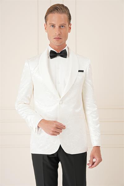 Black 036 Slim Fit Saten Yaka Çift Yırtmaçlı Tek Düğmeli Krem Damatlık Smokin Ceket