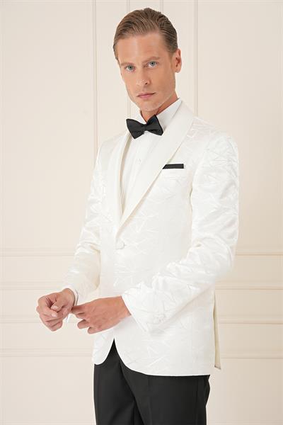 Black 036 Slim Fit Saten Yaka Çift Yırtmaçlı Tek Düğmeli Krem Damatlık Smokin Ceket