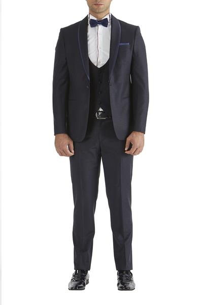 Slim Fit Çıkarılabilir Saten Şal Yaka Lacivert Damatlık Smokin Takım Black 037