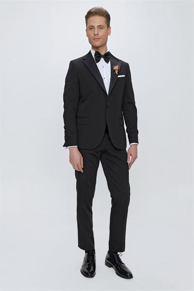 Slim Fit Çıkarılabilir Saten Yaka Siyah Damatlık Smokin Takım Black 061