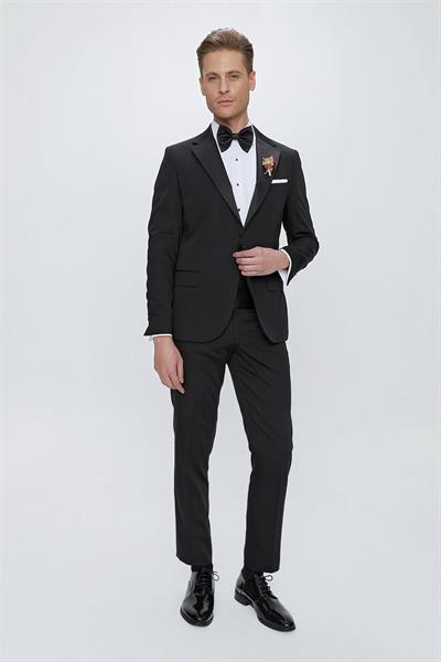 Slim Fit Çıkarılabilir Saten Yaka Siyah Damatlık Smokin Takım Black 061