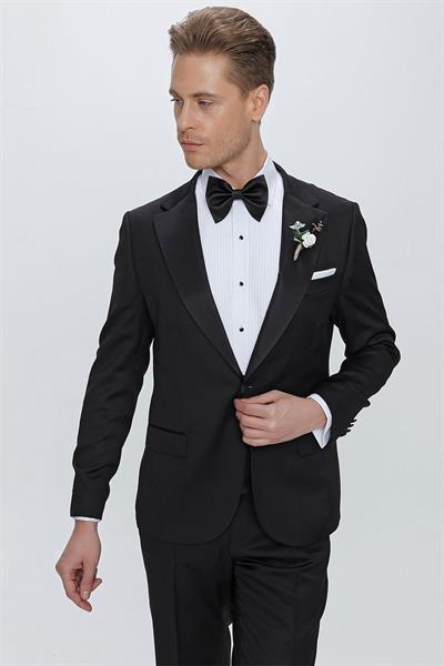 Slim Fit Çıkarılabilir Saten Yaka Siyah Damatlık Smokin Takım Black 062