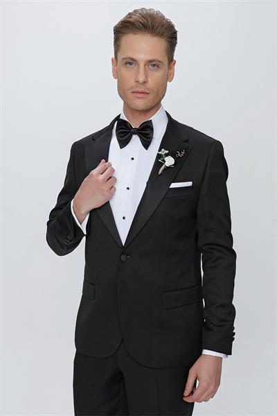 Slim Fit Çıkarılabilir Saten Yaka Siyah Damatlık Smokin Takım Black 062