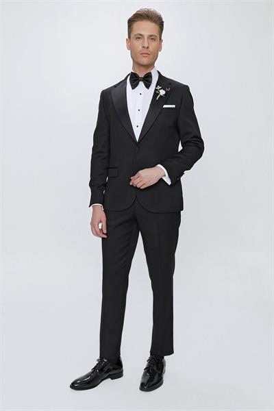 Slim Fit Çıkarılabilir Saten Yaka Siyah Damatlık Smokin Takım Black 062
