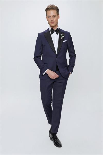 Slim Fit Çıkarılabilir Saten Yaka Lacivert Damatlık Smokin Takım Black 062
