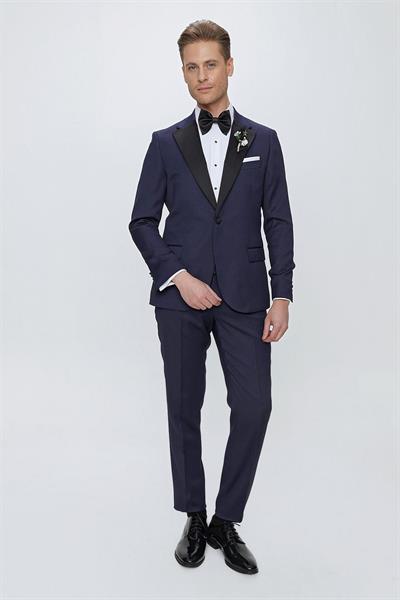 Slim Fit Çıkarılabilir Saten Yaka Lacivert Damatlık Smokin Takım Black 062