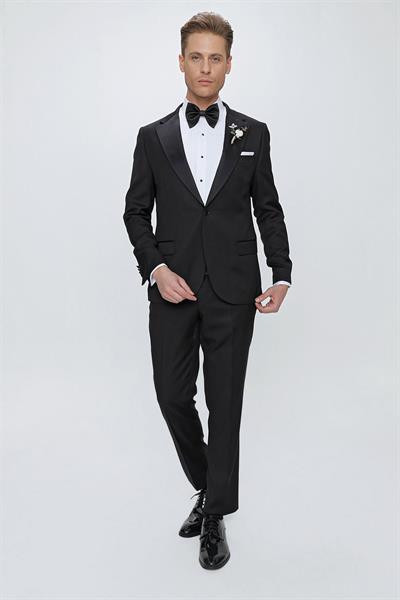 Slim Fit Çıkarılabilir Saten Yaka Siyah Damatlık Smokin Takım Black 062