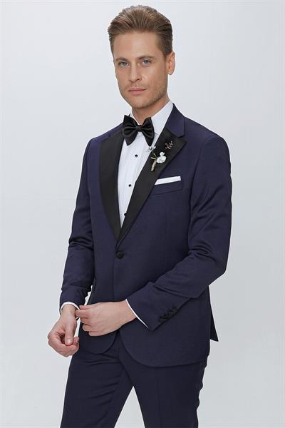 Slim Fit Çıkarılabilir Saten Yaka Lacivert Damatlık Smokin Takım Black 062
